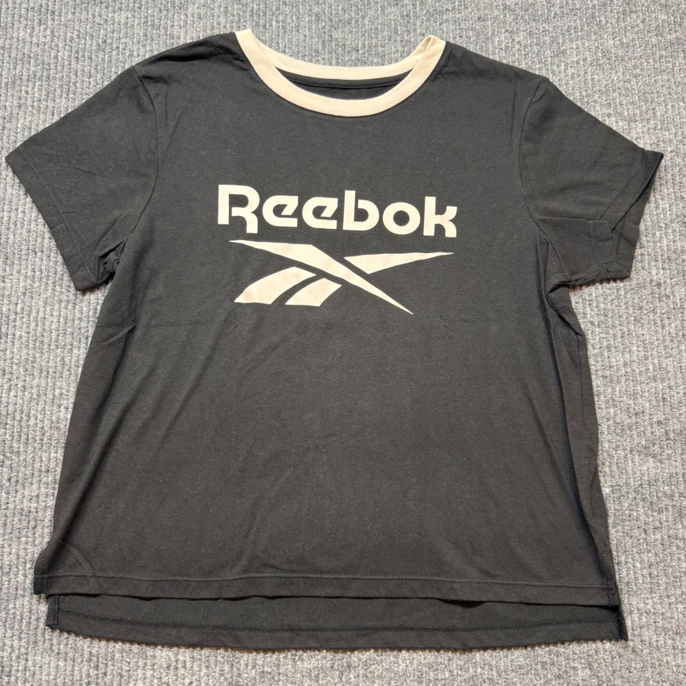 Reebok Black Logo T Shirt Womens Medium Beige Graphic Athleisure Activewear